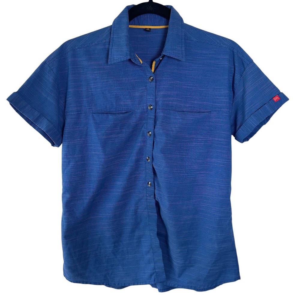 McDonalds Button Down Shirt Womens Small Blue Micro Stripe Short Sleeve Uniform